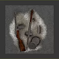 Rifle With Wooden Stock Metal Cans Bullets And Snow Like Substance Gray Background