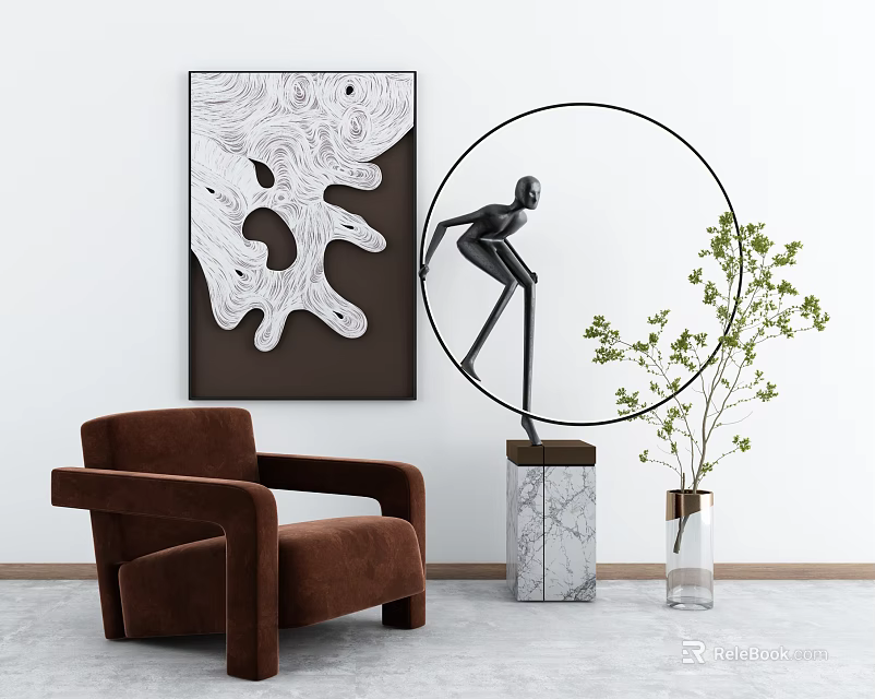 Modern Brown Single Sofa In Living Room With Wall Art Sculpture And Plant 3d model 