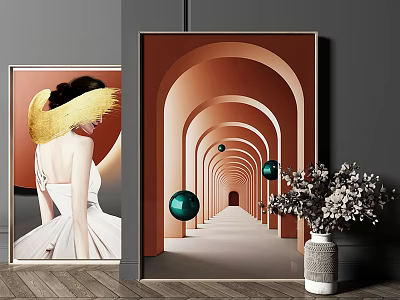 Modern Interior Decor With Paintings Of Woman In Yellow Hat And Archway Corridor 3d model