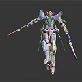 White and Blue Mecha Character With Green Core Long Blades and Mechanical Armor Design