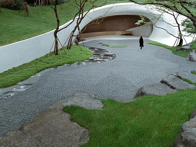 Tranquil Garden Landscape With Winding Stone Path Curved White Structure Green Lawn And Trees 3d model