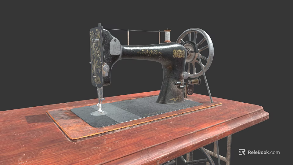 Vintage Industrial Sewing Machine With Retro Design On Wooden Tabletop 3d model 