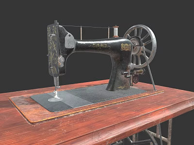 Vintage Industrial Sewing Machine With Retro Design On Wooden Tabletop 3d model