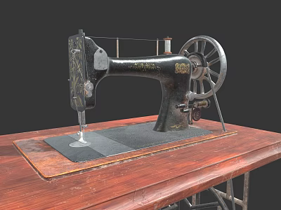 Vintage Industrial Sewing Machine With Retro Design On Wooden Tabletop 3d model Vintage Industrial Sewing Machine With Retro Design On Wooden Tabletop 3d model