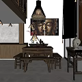 Elegant Chinese Style Clubhouse With Wooden Furniture Buddha Painting Tea Table And Pendant Light