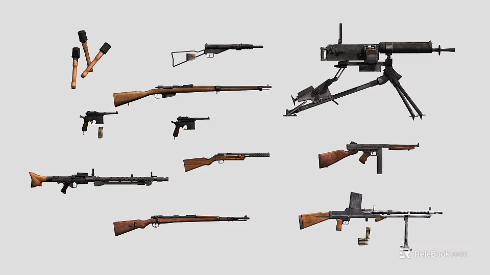 Assorted Firearms Collection Featuring Rifles Machine Guns and Pistols with Components 3d model 