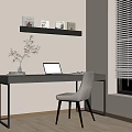 Minimalist Modern Workspace Interior With Gray Desk Laptop Green Plant Chair And Wall Shelf