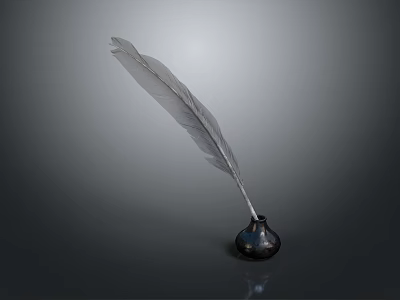 Long White Feather And Small Black Ink Bottle On Dark Surface For Writing Supplies 3d model