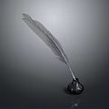 Long White Feather And Small Black Ink Bottle On Dark Surface For Writing Supplies