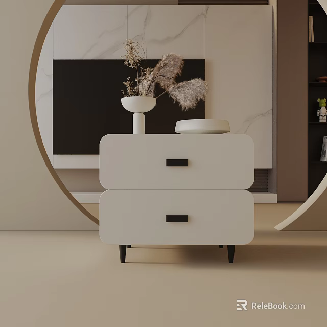 Modern White Side Table With Two Drawers Black Handles And Dried Pampas Grass In White Vase 3d model 