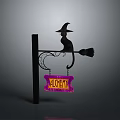 Halloween Witchery Decoration With Witch Silhouette On Broom And Hanging Sign
