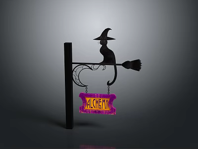 Halloween Witchery Decoration With Witch Silhouette On Broom And Hanging Sign 3d model