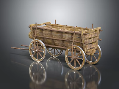 Vintage Wooden Cart With Four Spoked Wheels And Wooden Frame Structure Design 3d model