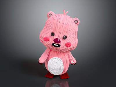 Pink Cartoon Bear Toy With White Belly Red Feet Paper Craft Adorable Animal Figure 3d model
