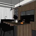 Modern Restaurant Interior Design With Dark Cabinets Island Dining Table Pendant Lights And Gray Chairs
