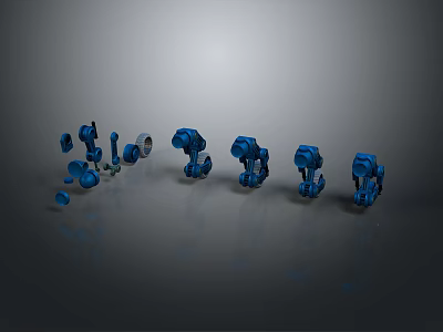 Blue Robotic Creatures And Their Parts Arranged In Complete Display Lineup 3d model