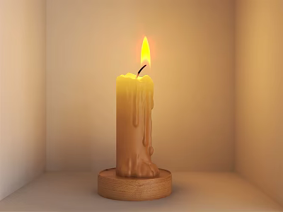 Burning Candle Lamp With Melting Wax Dripping On Wooden Base And Soft Glow 3d model