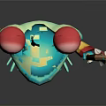 Cartoon Frog Character With Big Red Eyes Blue Body Yellow Red Outfit And Spear