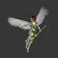 Woman With Large White Wings In Green And White Outfit Holding Staff