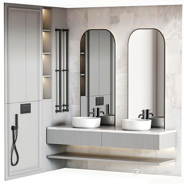 Modern Bathroom Vanity With Double White Sinks And Arch Mirrors On Marble Countertop 3d model 