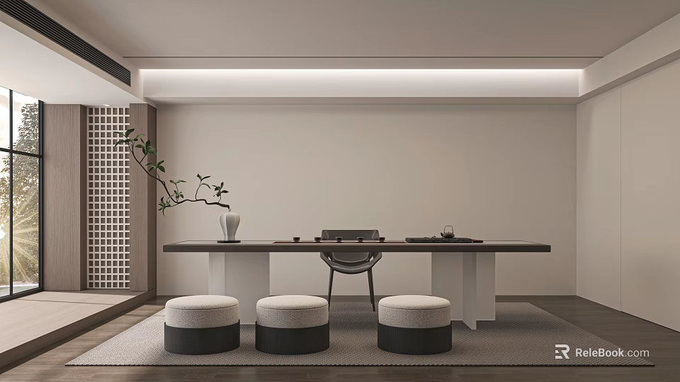 Modern Zen Style Tea Table with Stools and Tea Set in Minimalist Room 3d model