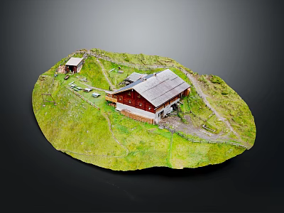 Red Building Model on Green Hillside with Small House and Path 3d model