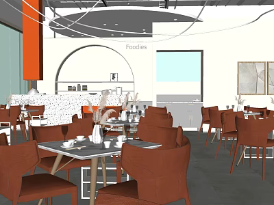 Modern Restaurant Interior With Open Layout Brown Chairs Tables Ceiling Lines And Decorative Paintings 3d model
