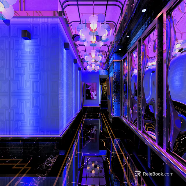 Glamorous KTV Corridor Interior With Blue Purple Lighting Chandeliers And Shiny Mirror Walls 3d model 