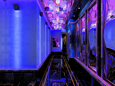 Glamorous KTV Corridor Interior With Blue Purple Lighting Chandeliers And Shiny Mirror Walls 3d model