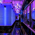 Glamorous KTV Corridor Interior With Blue Purple Lighting Chandeliers And Shiny Mirror Walls
