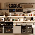 Modern Kitchen Interior With Various Appliances Cookware And Spices On Shelves
