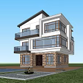 Modern Detached Villa with Balconies Surrounded by Trees Illuminated Courtyard Pool and Fire Pit