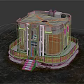 Futuristic Circular Metallic Building With Copper Panels Entrance Steps And Glowing Edges