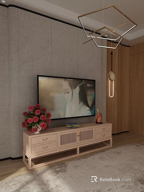 Wooden TV Stand With TV Flowers Decorative Items Modern Lighting And Textured Living Room Wall 3d model 