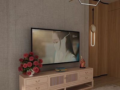 Wooden TV Stand With TV Flowers Decorative Items Modern Lighting And Textured Living Room Wall 3d model