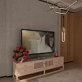Wooden TV Stand With TV Flowers Decorative Items Modern Lighting And Textured Living Room Wall