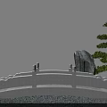 Traditional Stone Arch Bridge With Carved Railings Adjacent Rock And Pine Tree In Garden