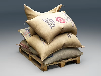 Natural Stone And Wood Sack Bags Stacked On Wooden Pallet 3d model