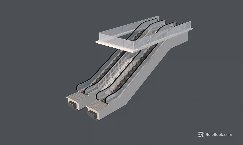 Modern Commercial Dual Direction Escalator With Upper Lower Tracks And Glass Structure 3d model 