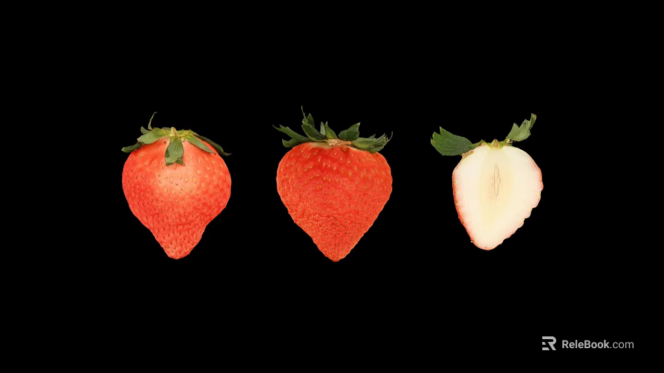 Fresh Ripe Juicy Strawberries Two Whole Red And One Sliced Half On Black Background 3d model 