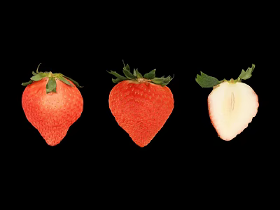 Fresh Ripe Juicy Strawberries Two Whole Red And One Sliced Half On Black Background 3d model