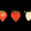 Fresh Ripe Juicy Strawberries Two Whole Red And One Sliced Half On Black Background