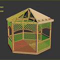 Yellow Wooden Gazebo Model With Hexagonal Base Triangular Roof Arched Doorway And Lattice Fence