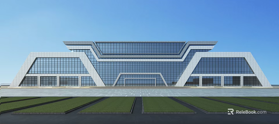 Modern Architectural Building With Glass Facade Geometric Design And Lawn Plaza 3d model 
