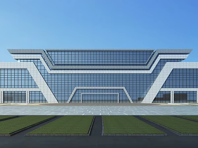 Modern Architectural Building With Glass Facade Geometric Design And Lawn Plaza 3d model
