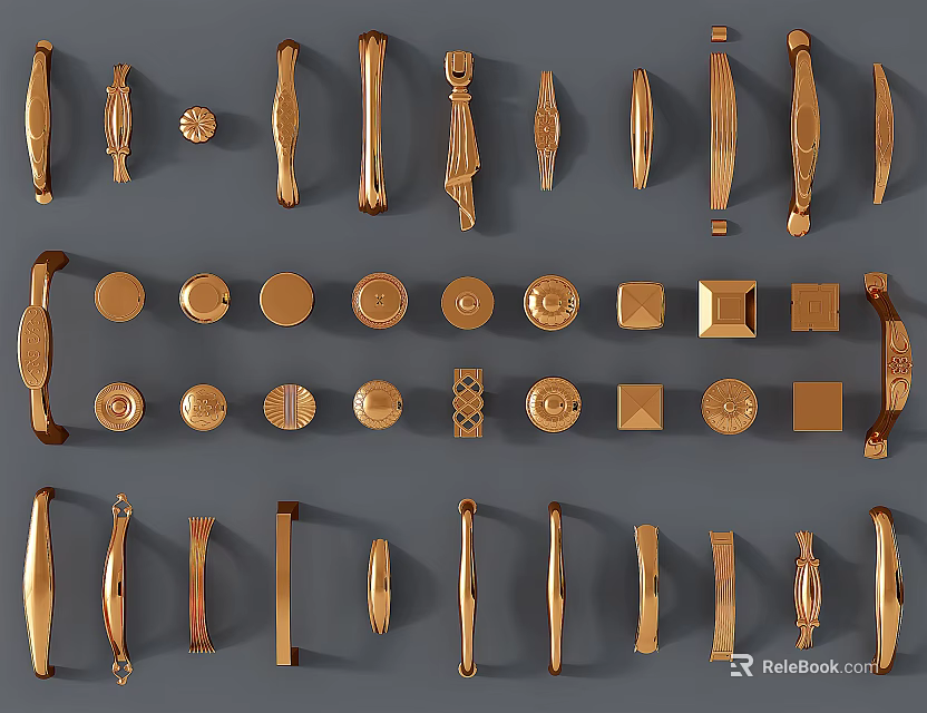 Golden Decorative Handles With Various Shapes Styles And Designs For Furniture 3d model 