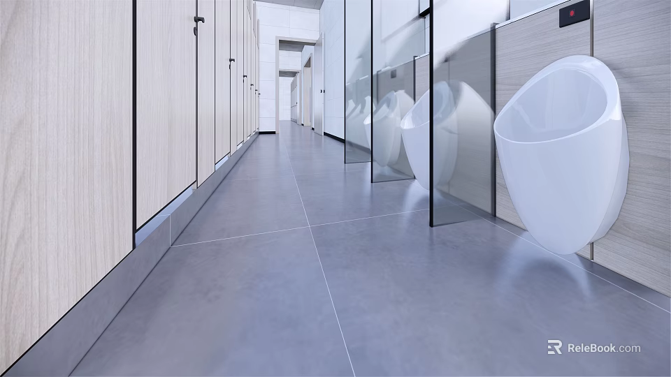Modern Public Restroom Interior Design With Wooden Partitions White Urinals And Gray Tile Flooring 3d model 