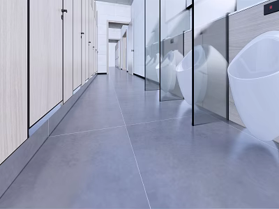 Modern Public Restroom Interior Design With Wooden Partitions White Urinals And Gray Tile Flooring 3d model
