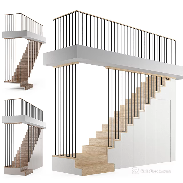 Modern Interior Staircase Design With Wooden Steps And Black Metal Railings 3d model 