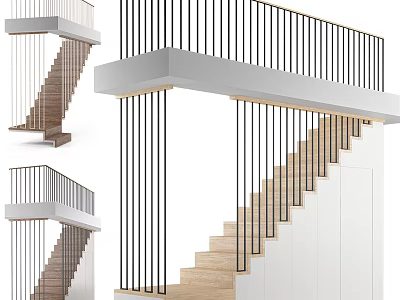 Modern Interior Staircase Design With Wooden Steps And Black Metal Railings 3d model